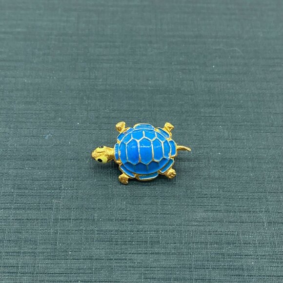 Vintage Korea Blue Turtle Scatter Pin Brooch Gold Tone Small 1 inch Tortoise - Picture 7 of 7